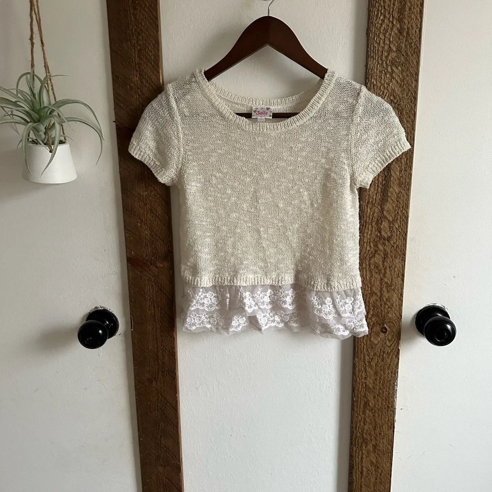 Justice Girls Short Sleeve Sweater Blouse Lace Tulle Bottom Size 12 Like New
